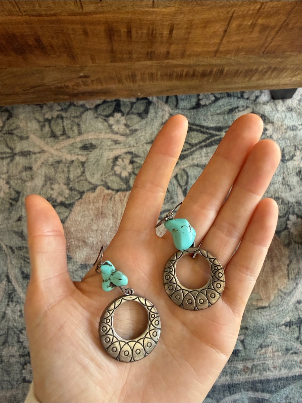 Turquoise Stone and Antique Silver Circle Drop Earrings